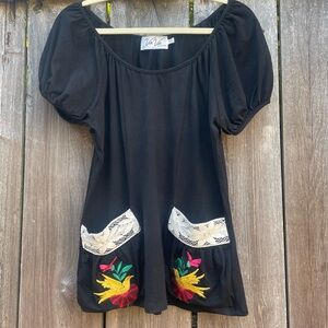 Black Peasant Blouse with Bird Embroidery by Va Va Voom Small